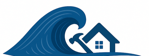 Shoreline Repair logo — wave curling over a house with a hammer